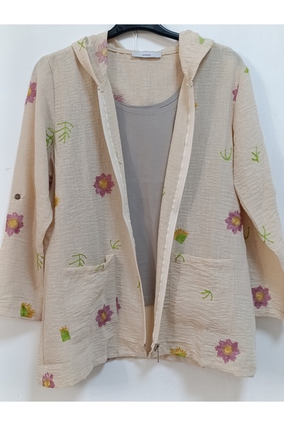 AKŞEN GİYİM Large Size 100% Cotton Linen Flower Embroidered 80 cm Basen Covering Boyda Hooded Jacket