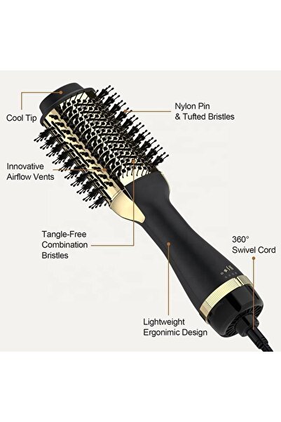 Tradeo Generic Pro Round Hair Brush – 360° Swivel Cord, Tangle-Free Bristles, Black & Gold Finish