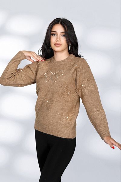 NEWCO Knitwear Fabric Long Sleeve Stoned Cudele Patterned Relaxed Fit Women's Sweater