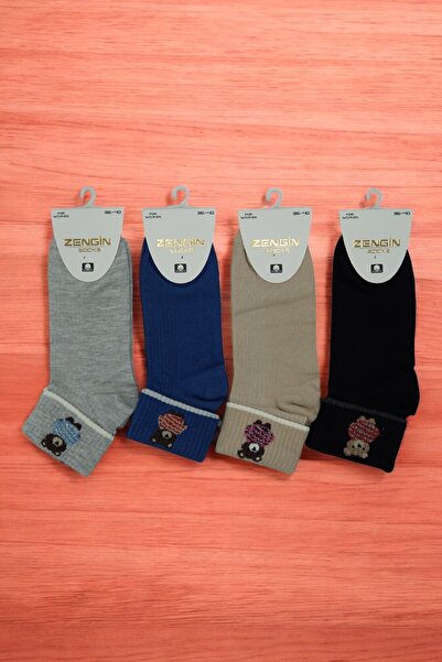 ZENGİN 4 Çift Burun Dikişsiz Kadın Ayıcıklı Kısa Konç Çorap