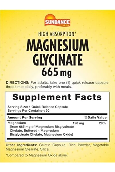 SUNDANCE Magnesium Glycinate Capsules | 665 mg | 50 Quick Release Pills | Non-GMO and Gluten Free Su