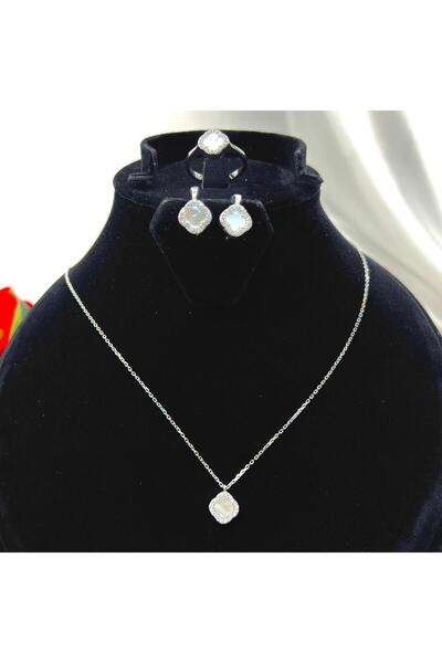 Victoria Van Cleef Yonca Beyaz Taşlı Kadın 3'lü Seti 925 Ayar Gümüş Radyumlu ...