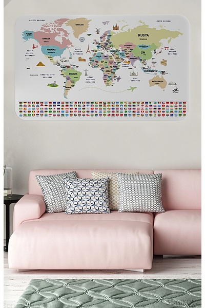 SONİKON LİNE Educational Capital Detailed World Map Wall Sticker with Turkish Country Flags, Decorative, 3859