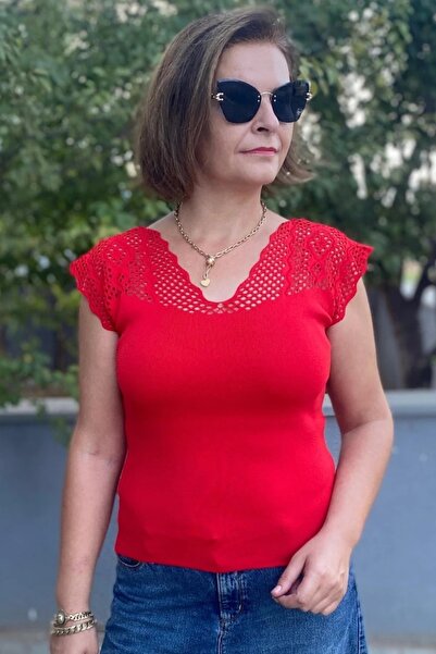 Mia Butik Women's Red Zero Sleeve Openwork Knitwear Blouse