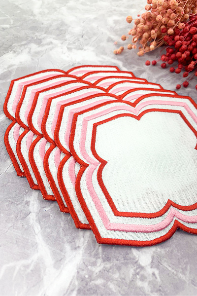 WEARE2 Red Pink Colored Moonrise Embroidered 6-Piece Cocktail Napkin