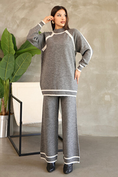ALCHON Stand-Up Round Neck Long Sleeve Stripe Sweater Elastic Waist Straight Leg Pants Soft Knitwear Two-Piece Set