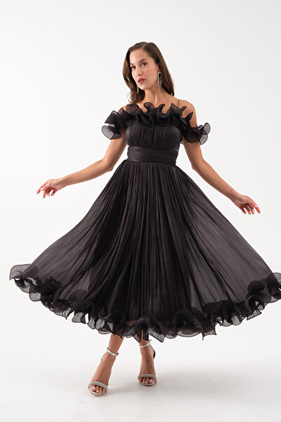 OFZE Kadın Siyah Yaka Detay Midi Abiye Elbise