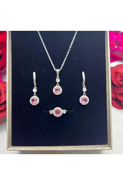 Pembe Yuvarlak Taşlı Kadın 3'lü Set 925 Ayar Gümüş Zirkon Taşlı