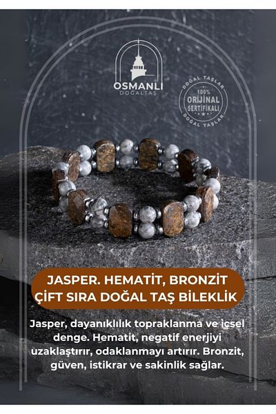 OSMANLI DOĞAL TAŞ Certified Jasper. Hematite, Bronzite Double Row Natural Stone Bracelet