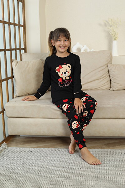 Zekalya Küçük Sevimli Ayıcık Desenli Kız Çocuk Pijama Takımı - Siyah