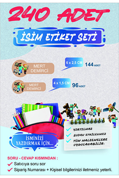 Baskı Madeni Okul Etiketi - MİNECRAFT Temalı Kalem Defter Etiketi - Özel İsim...