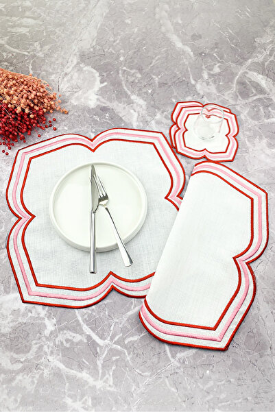 WEARE2 Red Pink Color Moonrise Embroidered 4 Piece Set (2+2) American Service and Cocktail Napkin