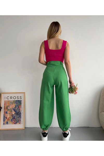 Zerenyus Green Wide Leg Elastic Shalwar Type Trousers