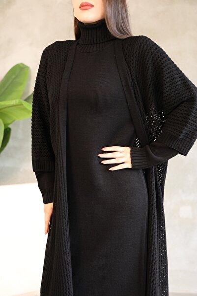 ALCHON Turtleneck Long Sleeve Ankle Length Solid Color Dress Hollowed Out Openwork Bat Sleeve Cardigan Knitwear Two-Piece Suit