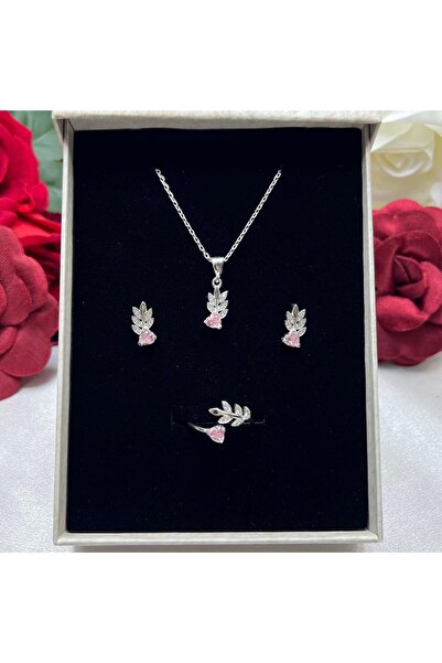 Victoria Pembe Kalp Taşlı Yaprak Model Kadın 3'lü Set 925 Ayar Gümüş Zirkon T...