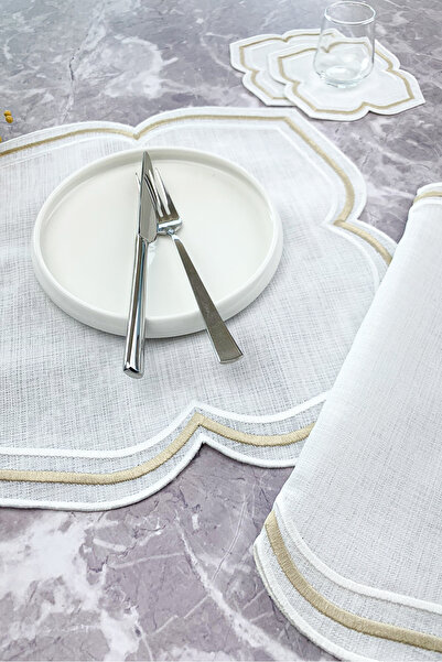 WEARE2 White Beige Colored Moonrise Embroidered 4 Piece Set (2+2) American Service and Cocktail Napkin
