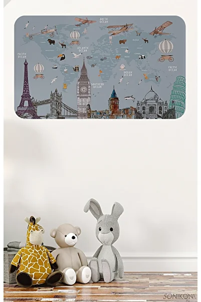 SONİKON LİNE Educational World Map World Atlas Children's Room Wall Sticker, Decorative, 3820