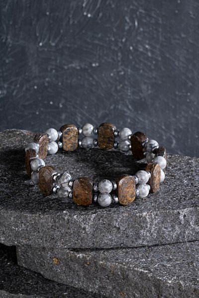 OSMANLI DOĞAL TAŞ Certified Jasper. Hematite, Bronzite Double Row Natural Stone Bracelet