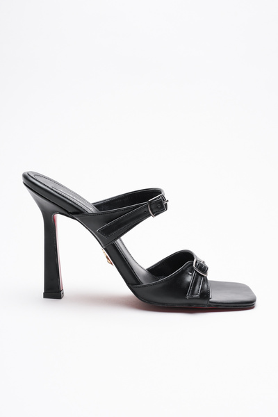 Ayakkabı Ateşi Women's Double Strap Buckle Heeled Slippers Rona Black Skin