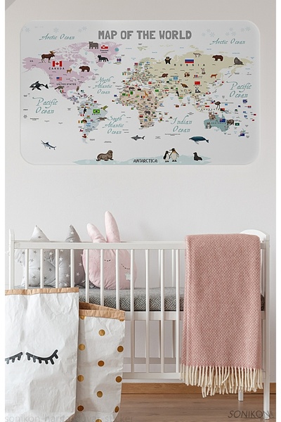 SONİKON LİNE Educational Flag World Map World Atlas Children's Room Wall Sticker, Decorative, 3813