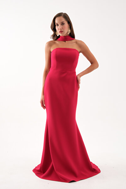 Lafaba Kadın Bordo Şal Yaka Detay Uzun Abiye Elbise