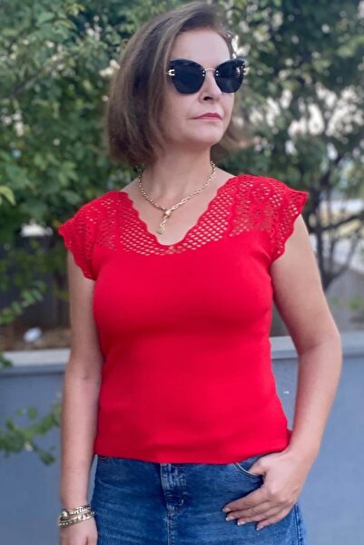 Mia Butik Women's Red Zero Sleeve Openwork Knitwear Blouse