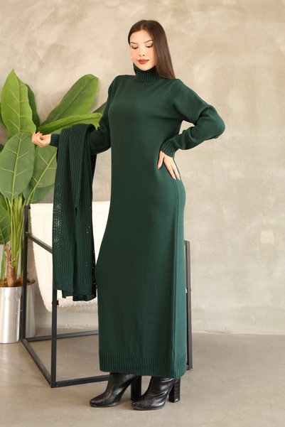 ALCHON Turtleneck Long Sleeve Ankle-Length Solid Color Dress and Openwork Batwing Sleeve Knit Cardigan Two-Piece Set
