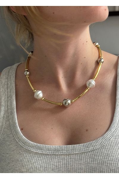 KİLİGİSTANBUL Gold& Silver Large Bead Necklace (Pearl)
