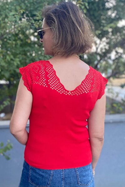 Mia Butik Women's Red Zero Sleeve Openwork Knitwear Blouse