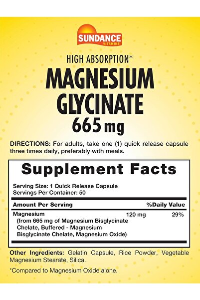 SUNDANCE Magnesium Glycinate Capsules | 665 mg | 50 Quick Release Pills | Non-GMO and Gluten Free Su