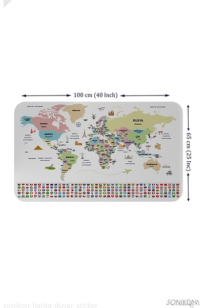 SONİKON LİNE Educational Capital Detailed World Map Wall Sticker with Turkish Country Flags, Decorative, 3859