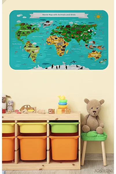 SONİKON LİNE Educational World Map World Atlas Kids Room Wall Sticker, Decorative, 3780