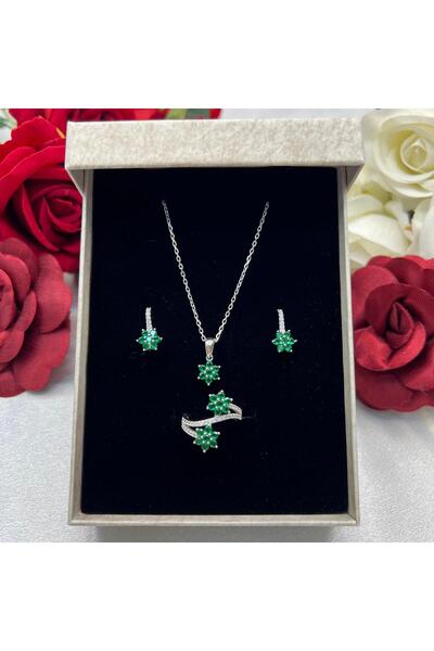 Victoria Zümrüt Yeşili Çiçek Kadın 3'lü Seti 925 Ayar Gümüş Rodyumlu Zirkon T...
