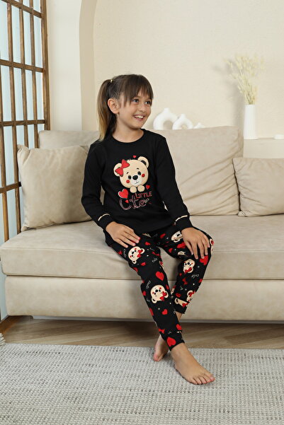 Zekalya Küçük Sevimli Ayıcık Desenli Kız Çocuk Pijama Takımı - Siyah