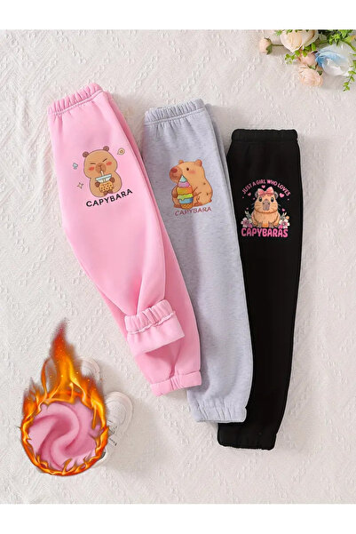 MORNİNG KİDS Lányoknak 3 darabos csomagban, Capy Bara nyomott mintás, kétszálas, bordázott melegítőnadrág