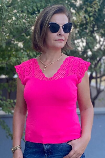 Mia Butik Women's Pink Zero Sleeve Openwork Knitwear Blouse