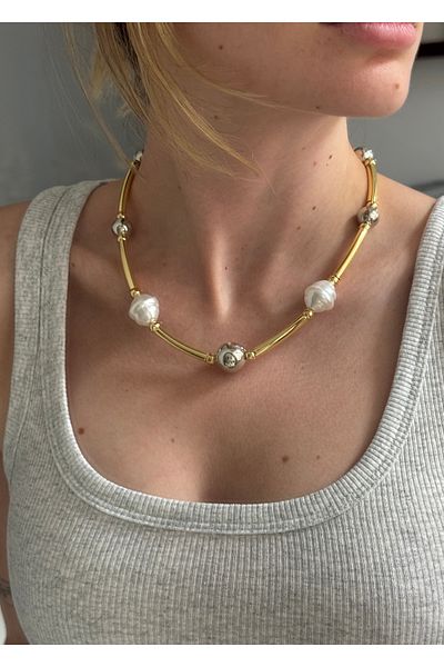 KİLİGİSTANBUL Gold& Silver Large Bead Necklace (Pearl)