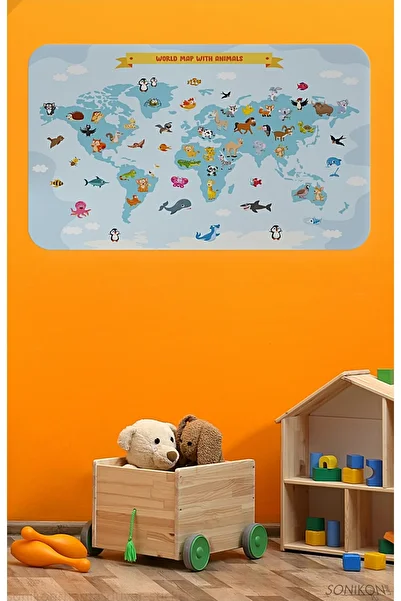 SONİKON LİNE Educational World Map World Atlas Kids Room Wall Sticker, Decorative, 3791