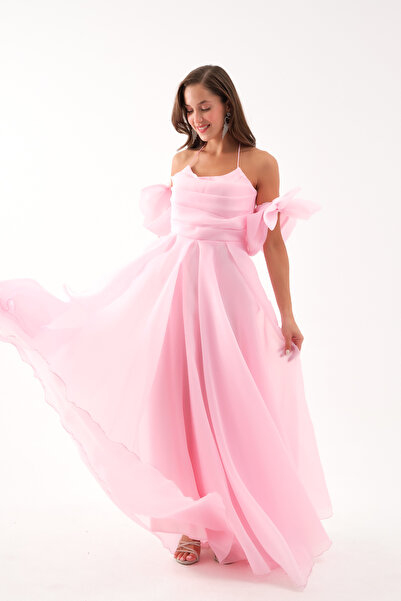 Lafaba Women's Powder Chest Draped Organza Evening Dress