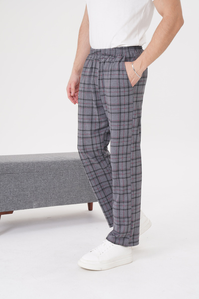Arvin Men's Cotton Pocket Plaid Printed Elastic Waist Pajama Bottoms Tracksuit Gray