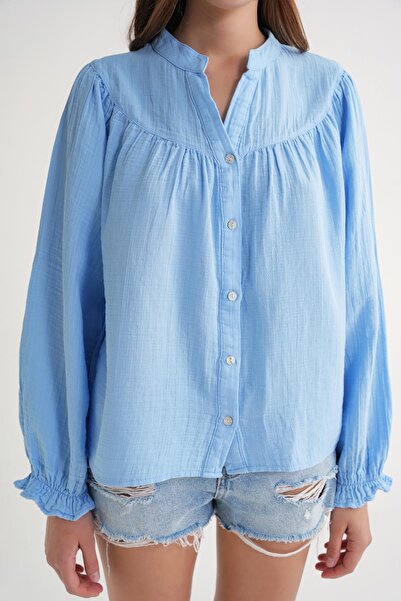 Mixray 4733 Women's Drawstring Long Sleeve Muslin Shirt Baby Blue