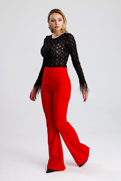 Sense Spanish Leg Zipper Pocket Hurrem Trousers |   Pnt35010 Red