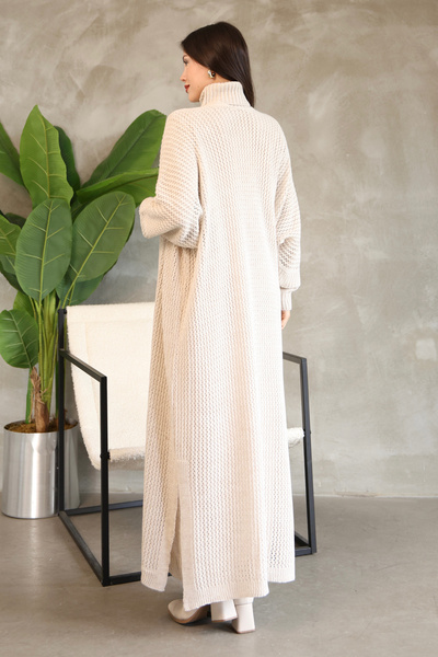 ALCHON Turtleneck Long Sleeve Ankle Length Solid Color Dress Hollowed Out Openwork Bat Sleeve Cardigan Knitwear Two-Piece Suit