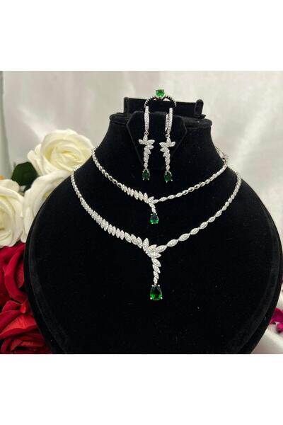 Victoria Zümrüt Yeşili Damla ve Taşlı Gelin Nişan 4'lü Takı Seti 925 Ayar Güm...