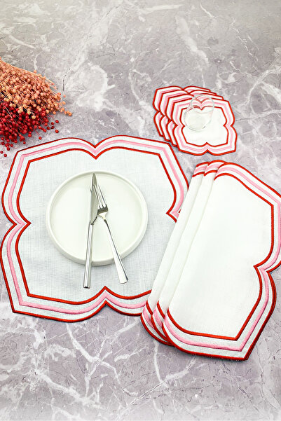 WEARE2 Red Pink Color Moonrise Embroidered 8 Piece Set (4+4) American Service and Cocktail Napkin