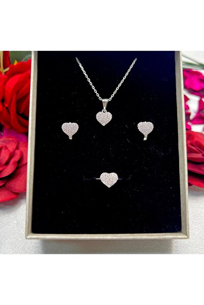 Victoria Pembe Zirkon Taşlı Kalp Kadın 3'lü Set 925 Ayar Gümüş Rodyumlu