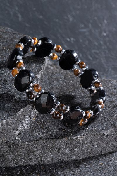 OSMANLI DOĞAL TAŞ Certified Black Tourmaline, Tiger Eye, Hematite Double Row Natural Stone Bracelet
