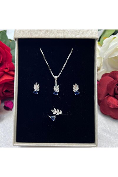 Victoria Safir Mavisi Kalp Taşlı Yaprak Model Kadın 3'lü Set 925 Ayar Gümüş Z...