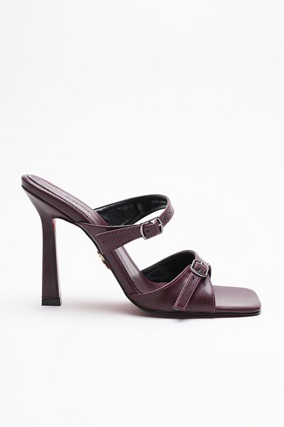 Ayakkabı Ateşi Women's Double Strap Buckle Heeled Slippers Rona Burgundy Skin