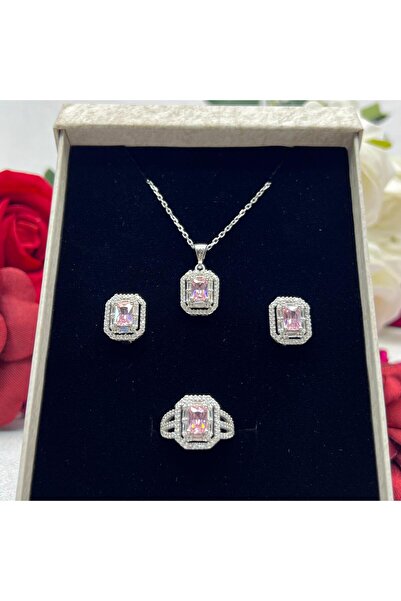 Victoria Pembe Baget Kadın 3'lü Takı Seti 925 Ayar Gümüş Zirkon Taşlı